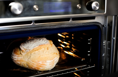 Yummy bread baking in an oven